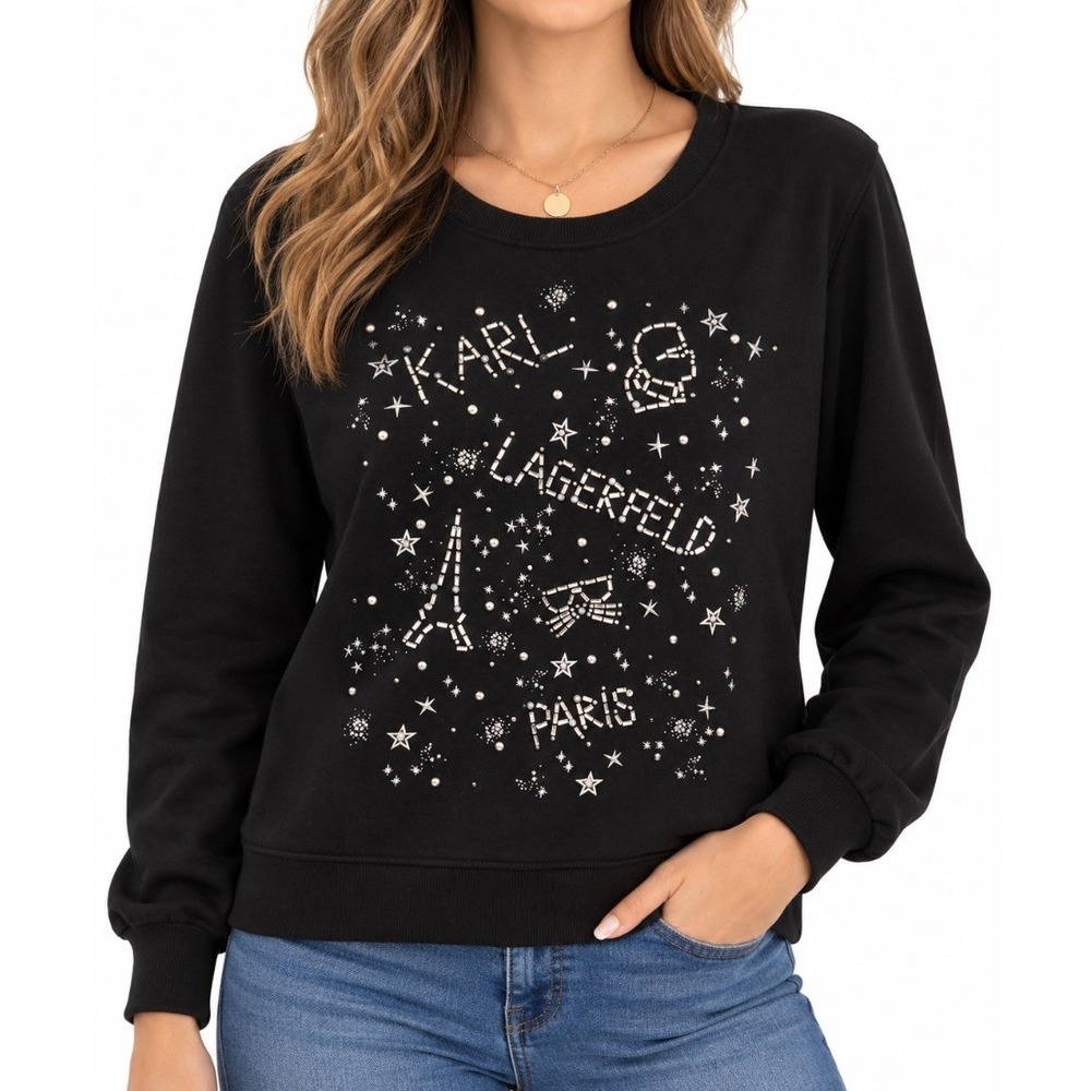 Karl Lagerfeld Paris Womens Black Embellished Rhinestone Sweatshirt Size M